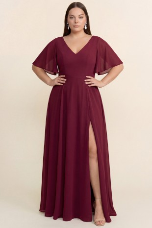 huge bridesmaid dresses High-Slit Chiffon Bridesmaid Dress with Long Sleeves and Waist Pleating