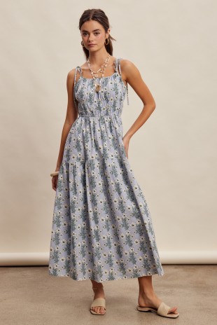 knee length dresses for ladies Floral V-Neck Cinched Waist Maxi Dress in Navy Multi by Listicle main image 1