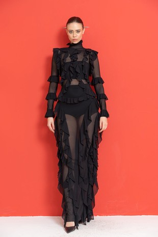 kikiriki sheer maxi dress Kikiriki Sheer Ruffled Maxi Dress